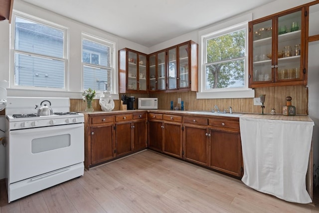 kitchen featuring white appliances, sink, and light hardwood / wood-style floors