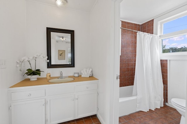 full bathroom featuring tile patterned flooring, vanity, shower / bathtub combination with curtain, and toilet