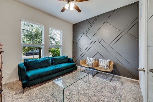 living room with carpet flooring and ceiling fan