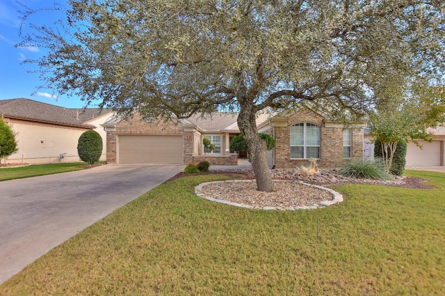 ranch-style home featuring a garage and a front lawn