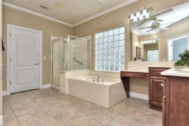 bathroom with crown molding, shower with separate bathtub, vanity, tile patterned flooring, and ceiling fan