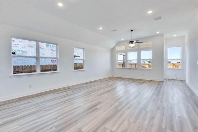 unfurnished living room with light wood finished floors, visible vents, recessed lighting, and ceiling fan