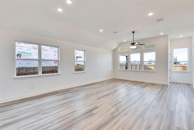 unfurnished living room featuring recessed lighting, a ceiling fan, visible vents, and light wood finished floors