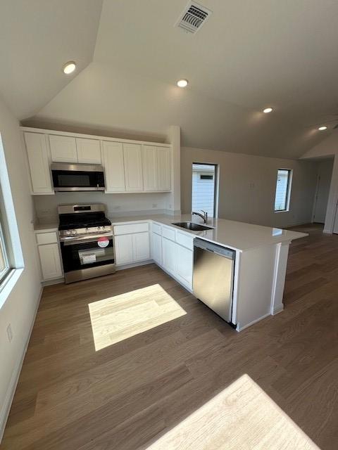 192 Spirit St, Elgin, TX 78621 - kitchen with stainless steel appliances, a sink, vaulted ceiling, white cabinetry, and a peninsula