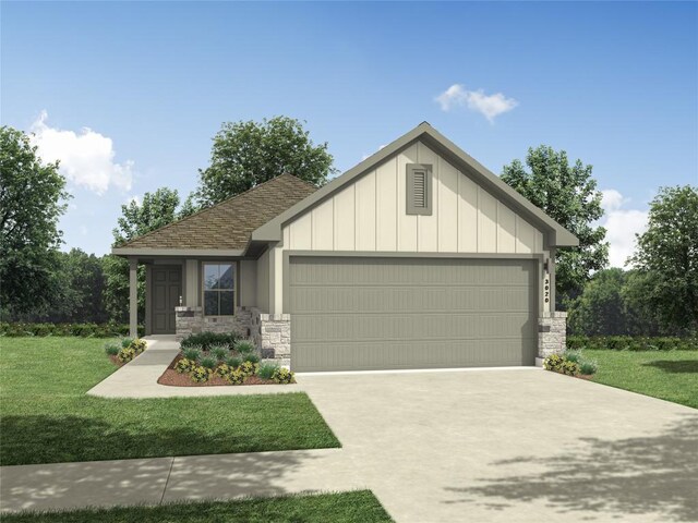 192 Spirit St, Elgin, TX 78621 - view of front of home featuring a garage, stone siding, concrete driveway, a front lawn, and board and batten siding