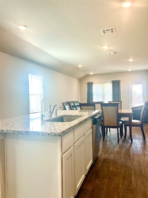 kitchen with a wealth of natural light, a kitchen island with sink, and dishwasher