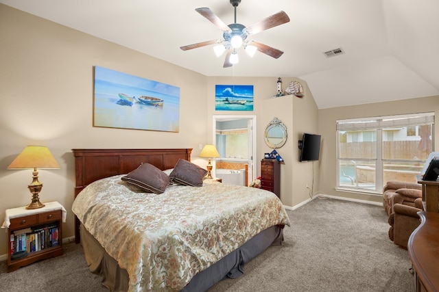 bedroom featuring ceiling fan, vaulted ceiling, and carpet