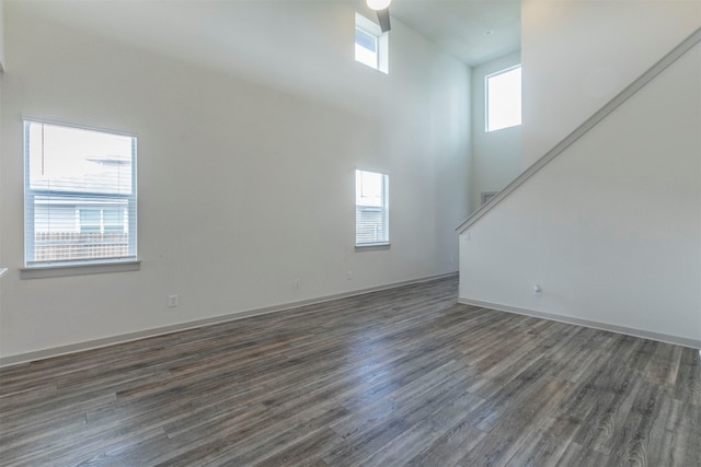 interior space with a high ceiling, dark hardwood / wood-style floors, and plenty of natural light