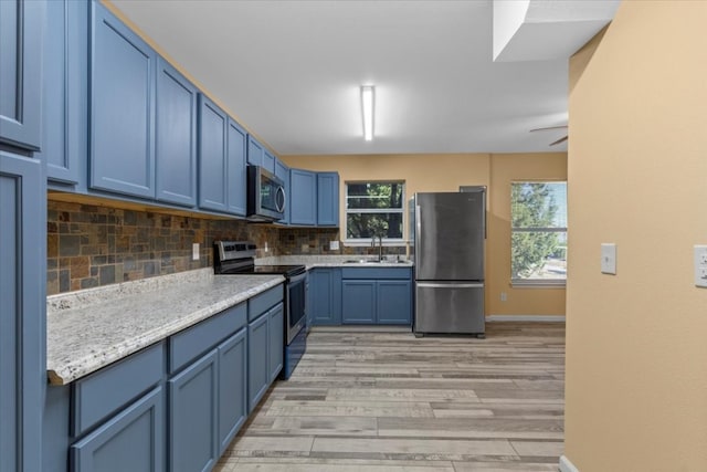 kitchen with stainless steel appliances, light wood-type flooring, sink, decorative backsplash, and blue cabinets