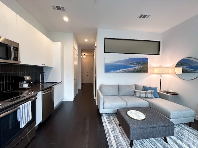 living room featuring dark wood-type flooring and sink