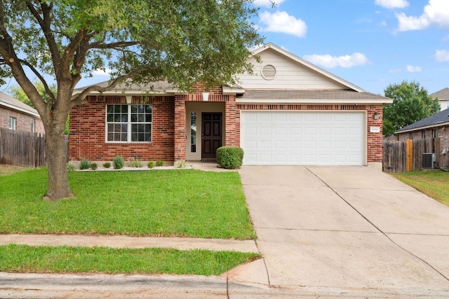 ranch-style house with central AC unit, a garage, and a front lawn