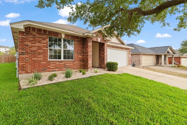 single story home featuring a garage and a front lawn