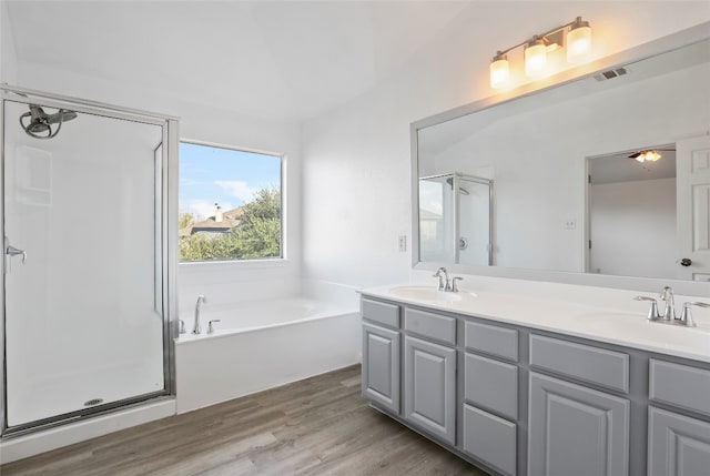 bathroom with vanity, hardwood / wood-style flooring, and plus walk in shower