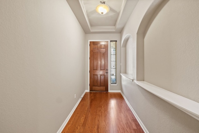 entryway with hardwood / wood-style floors and a tray ceiling