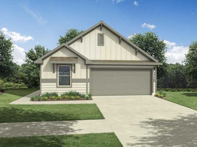 222 Spirit St, Elgin, TX 78621 - view of front facade with board and batten siding, concrete driveway, a front lawn, and a garage