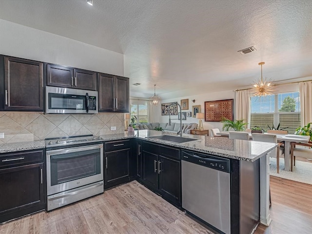 kitchen with kitchen peninsula, stainless steel appliances, a healthy amount of sunlight, and light hardwood / wood-style floors