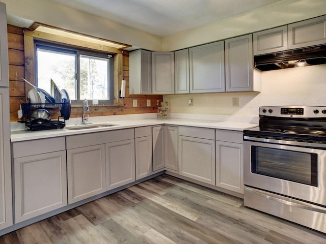 kitchen with stainless steel range with electric cooktop, sink, and light wood-type flooring