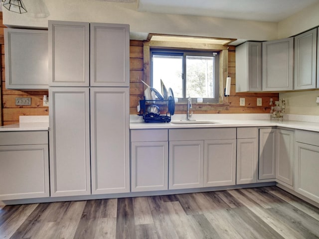 325 Simpson Ave, Cedar Creek, TX 78612 - kitchen with a sink, gray cabinets, light countertops, and light wood finished floors