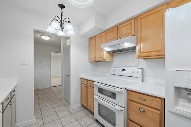 kitchen with hanging light fixtures, a notable chandelier, light tile patterned flooring, light brown cabinetry, and white appliances