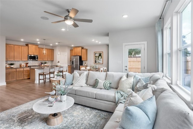 living room with ceiling fan and hardwood / wood-style floors