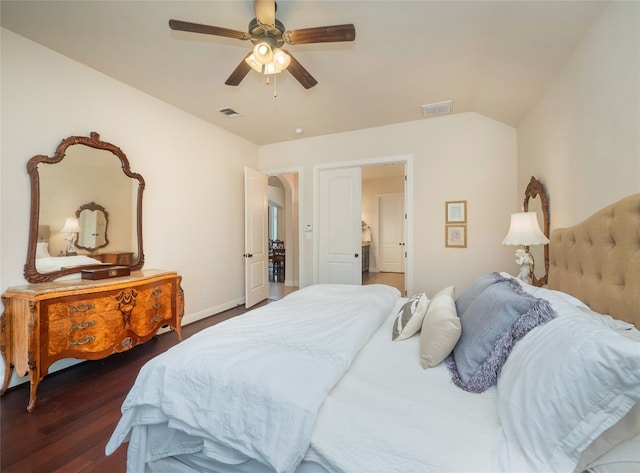 bedroom featuring dark hardwood / wood-style flooring and ceiling fan