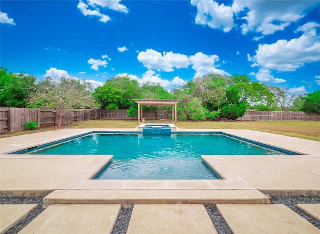 view of pool featuring a lawn and a patio