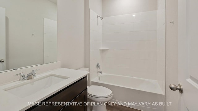 full bathroom with toilet, vanity, and bathing tub / shower combination