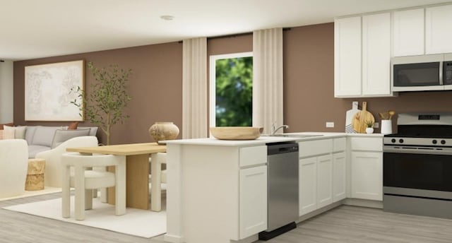 kitchen with white cabinetry, sink, kitchen peninsula, stainless steel appliances, and light hardwood / wood-style flooring