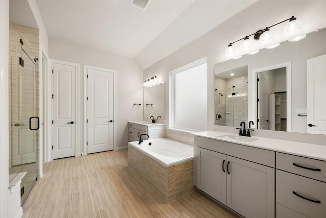 bathroom featuring vanity and independent shower and bath