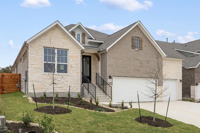 view of front of property featuring a garage and a front lawn