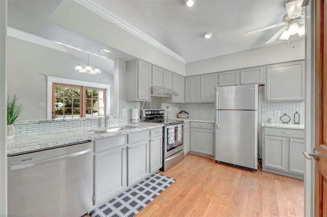 kitchen with sink, light stone counters, appliances with stainless steel finishes, light wood-type flooring, and decorative backsplash