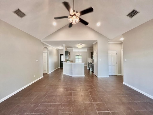 unfurnished living room with ceiling fan and high vaulted ceiling