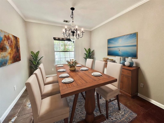 dining space with crown molding and a chandelier