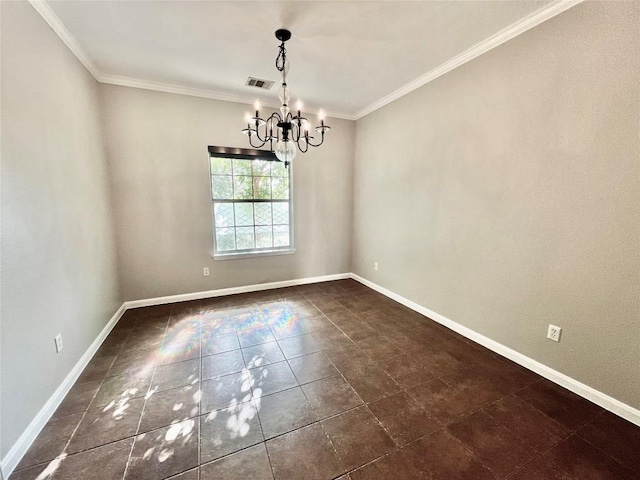 unfurnished room with crown molding and a chandelier