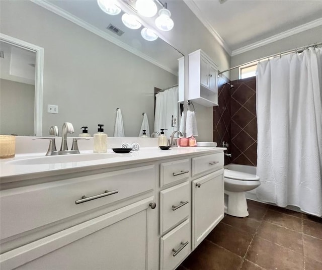 full bathroom with vanity, tile patterned floors, crown molding, toilet, and shower / tub combo with curtain