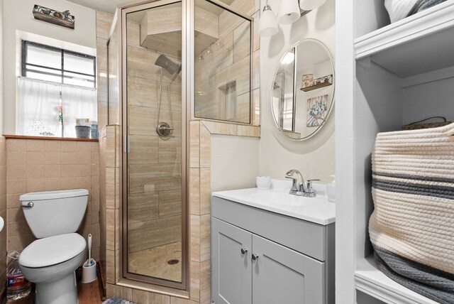 bathroom with toilet, vanity, and an enclosed shower