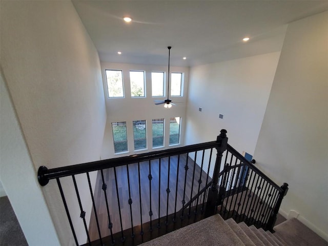 staircase with carpet flooring and ceiling fan