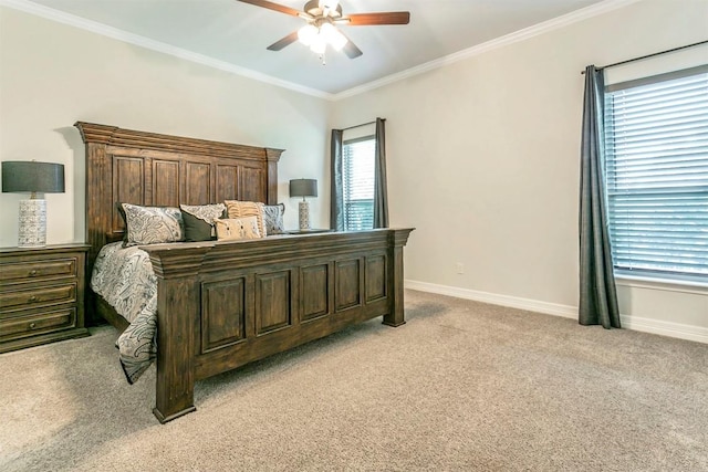 bedroom with light colored carpet, ceiling fan, and ornamental molding