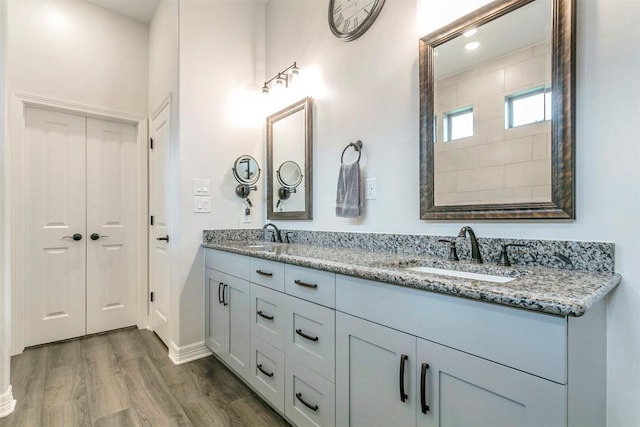 bathroom featuring vanity and hardwood / wood-style flooring