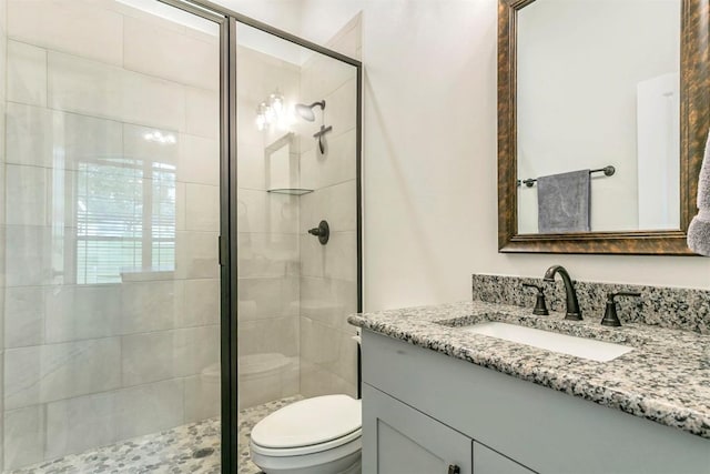 bathroom featuring vanity, a shower with shower door, and toilet