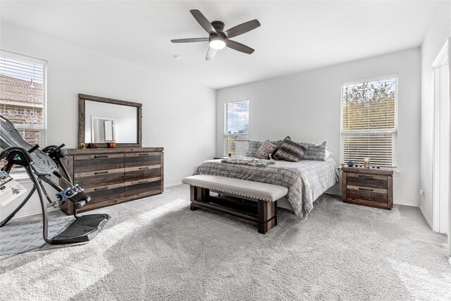 carpeted bedroom with ceiling fan and multiple windows