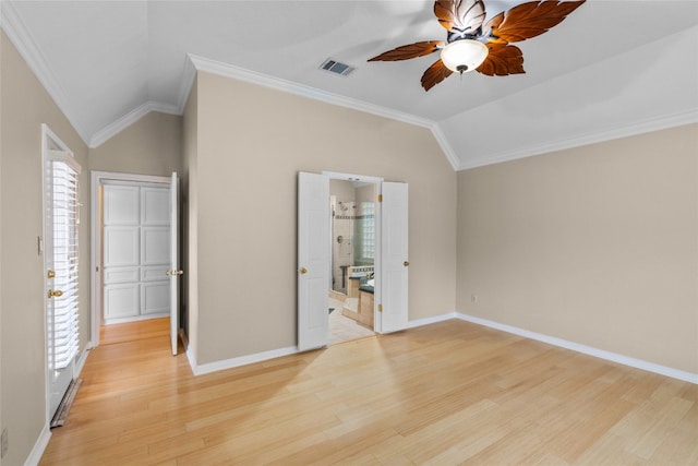 unfurnished bedroom with crown molding, light hardwood / wood-style floors, multiple windows, and ceiling fan