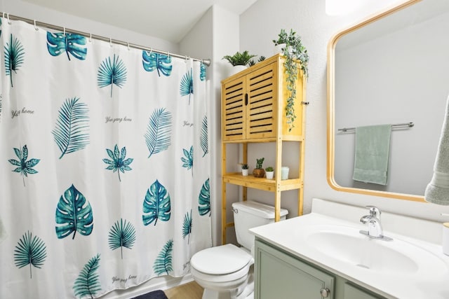 bathroom featuring a shower with shower curtain, wood-type flooring, vanity, and toilet