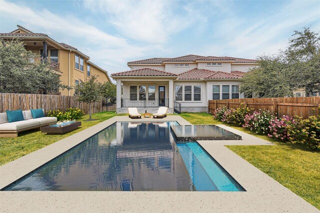 407 Meadowlark St, Austin, TX 78734 - rear view of property featuring a fenced backyard, stucco siding, and a tiled roof
