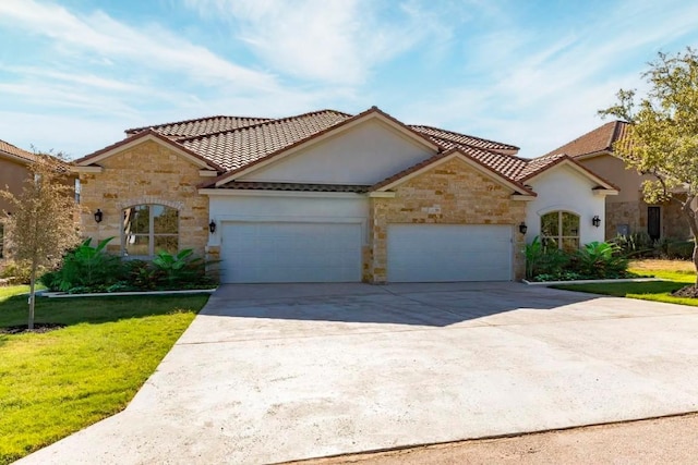 407 Meadowlark St, Austin, TX 78734 - view of front of property featuring stone siding, a garage, a tiled roof, and a front lawn