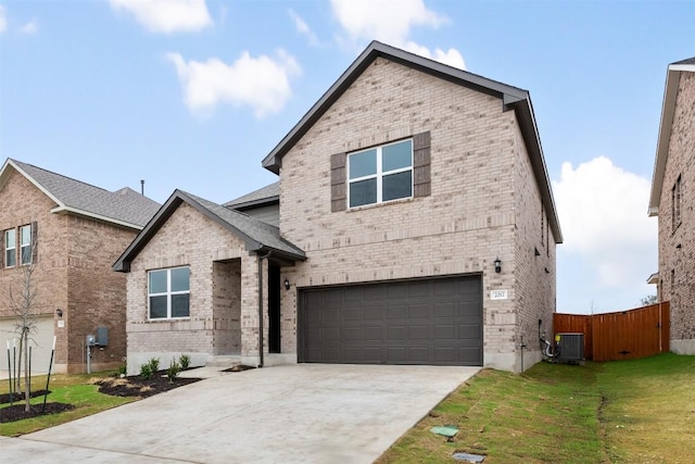 view of front facade featuring a garage, cooling unit, and a front lawn