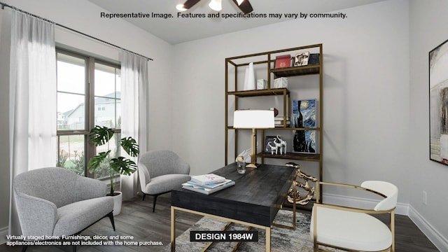 home office featuring ceiling fan and dark hardwood / wood-style flooring