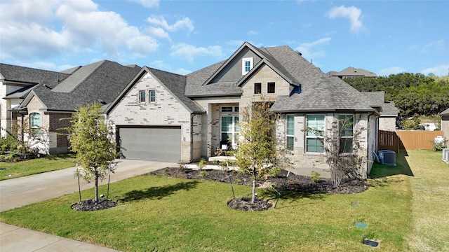 view of front of house featuring a garage, central air condition unit, and a front lawn