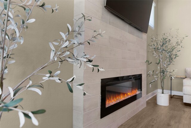 details with hardwood / wood-style floors and a tile fireplace