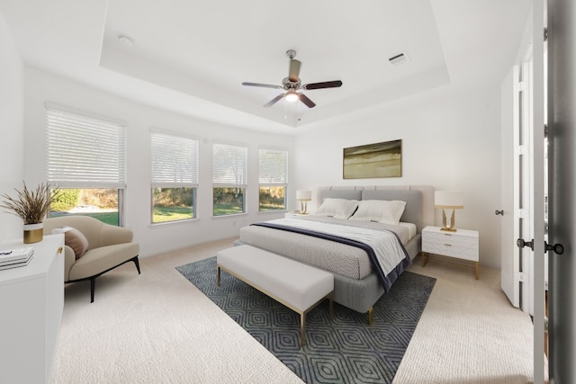 bedroom featuring ceiling fan, carpet, and a tray ceiling